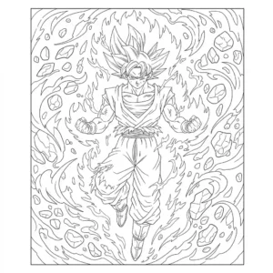 Black and line drawing for a coloring book featuring Mastered Ultra Instinct Son Goku in a powerful battle stance.