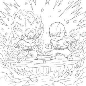 Black and line art coloring page illustrating the climactic battle between Ultra Instinct Goku and Jiren from the Tournament of Power. Features thick, high-contrast outlines and dynamic fighting poses.