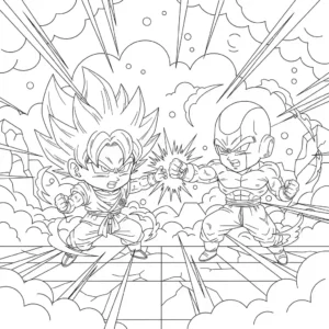 Detailed black and coloring page featuring Son Goku (Ultra Instinct) engaged in a dynamic battle against Jiren, utilizing thick, clean line art suitable for printing.