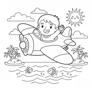 Black and line art coloring page depicting a friendly cartoon airplane flying above the sea, featuring a smiling pilot waving enthusiastically from the cockpit. Ideal for children's coloring books, B&W only.