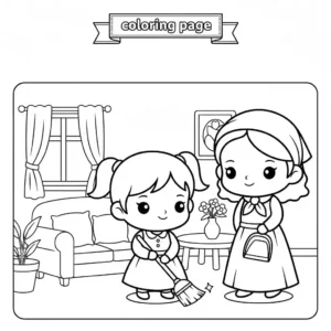 Black and line art coloring page showing a girl with pigtails holding a broom, assisting her mother who is wearing a skirt and headscarf, in cleaning their home. High-contrast outline illustration.