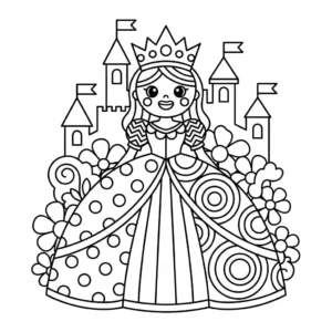 Cute princess portrait wearing a large crown, simple outline coloring page design.