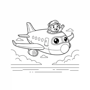 Black and line art coloring page featuring a realistic wide-body airliner jet in flight, seen from the front, with a visible pilot in the cockpit.