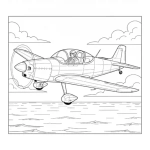 Black and line art coloring page depicting a realistic low-wing light aircraft in flight over the ocean. An adult pilot is visible through the canopy.