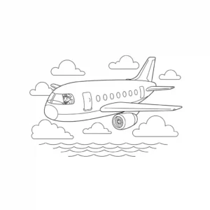 Detailed black and coloring page of a realistic passenger jet flying above the sea, with an adult pilot clearly visible in the cockpit. Strict line art, printable.
