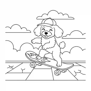 Easy coloring page of a Miniature Poodle riding a large skateboard.