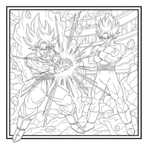 Detailed black and line art coloring page showing Dragon Ball's Son Goku performing a powerful Kamehameha attack against Jiren in a dynamic battle pose.