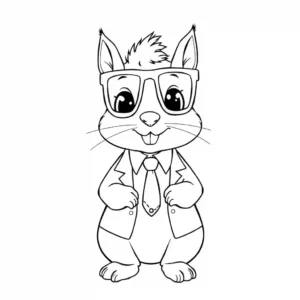 A black and coloring page of a squirrel wearing a suit and glasses.