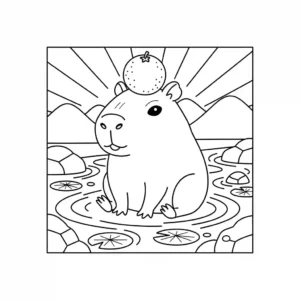 Black and line art illustration of a cute capybara sitting peacefully by a river, balancing a whole orange on its head. Suitable for a children's coloring book.