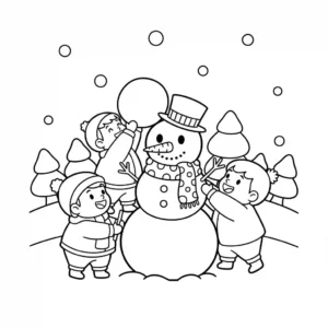 Black and line art coloring page depicting two happy kids working together to finish building a large, three-ball snowman in a snowy setting.