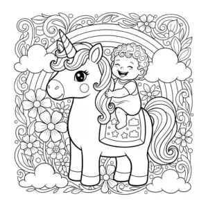Detailed black and line art coloring page for kids featuring a sweet baby girl sitting next to a gentle fantasy unicorn.