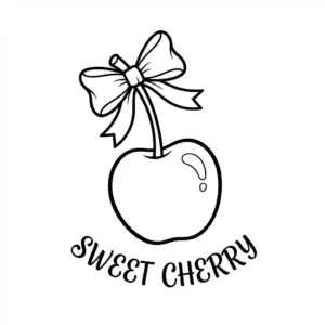 Black and line art suitable for a coloring book, featuring a cartoon anthropomorphic cherry wearing a festive bow tie and decorative English script.