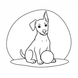 Coloring sheet featuring a cute Doberman puppy with floppy ears playing with a ball, thick outline style.