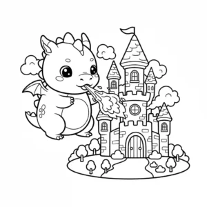 Black and line art coloring page depicting a massive fantasy dragon breathing fire down upon a medieval stone castle.