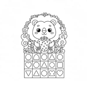 Black and line art coloring page illustration featuring a friendly cartoon lion holding a large strawberry, designed for children's coloring books.