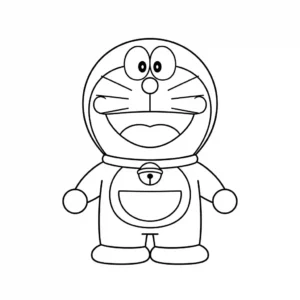 Simple line art coloring page of Doraemon standing and smiling, perfect for kids' coloring activities.