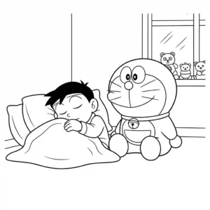 Line art coloring page showing the character Doraemon watching over a sleeping Nobita Nobi, thick outlines suitable for coloring.