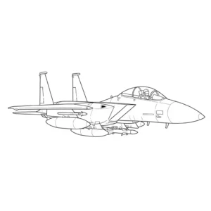 Black and line art coloring page featuring a detailed F-15I fighter jet, armed with missiles, suitable for printing.