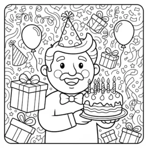 B&W line art coloring page illustration of a smiling father celebrating his birthday with cake and presents. No text or writing is visible.