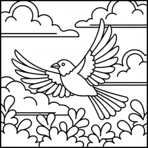 Line art coloring page of a simple bulbul bird flying.