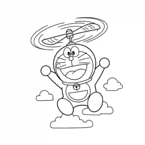 Simple line drawing coloring page of Doraemon flying with the Bamboo Copter gadget, featuring thick black outlines.