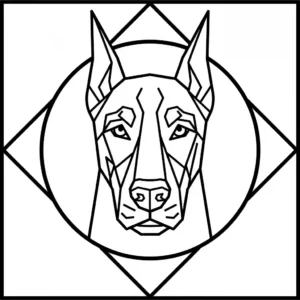 Abstract coloring sheet of a Doberman face surrounded by simple geometric shapes like circles and triangles, thick outlines.