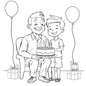 A charming, slender grandfather celebrating his birthday with his 8-year-old grandson, both smiling and holding a birthday cake.