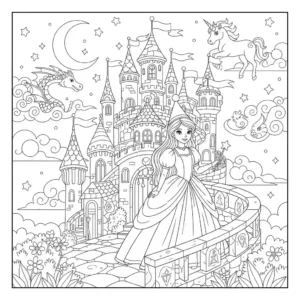 Black and line art illustration for coloring of a beautiful princess standing inside an intricate, magical fantasy castle.