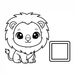 Black and line art coloring page showing a large, detailed lion sitting next to a smaller, perfectly outlined geometric empty square. Suitable for a children's or adult coloring book.