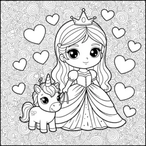 Detailed black and coloring page featuring an elegant princess, a small unicorn foal, and surrounding hearts, designed specifically for a children's coloring book.