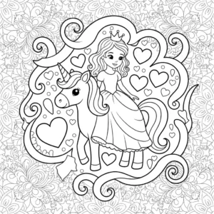 Black and line art coloring page featuring a princess, a small unicorn foal, and floating hearts in a whimsical style.