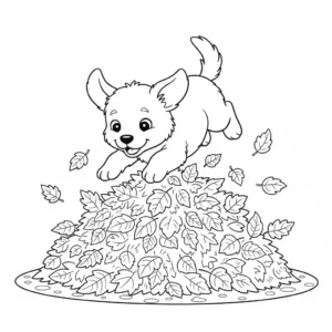 Black and line art coloring page depicting a happy puppy jumping headfirst into a large pile of scattered autumn leaves.
