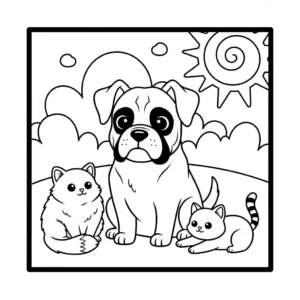 Detailed black and coloring page showing a realistic Boxer dog and two domestic cats.