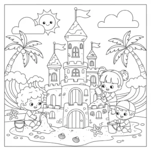 Black and line art coloring page depicting two children collaboratively building a large sandcastle on a beach with tools.