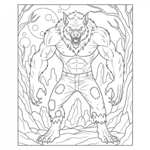 Detailed black and line art drawing of a scary, muscular werewolf wearing pants, designed for an adult coloring book.