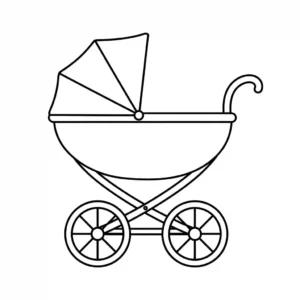 Black and line art drawing of a simple, classic baby carriage or stroller, ideal for coloring.