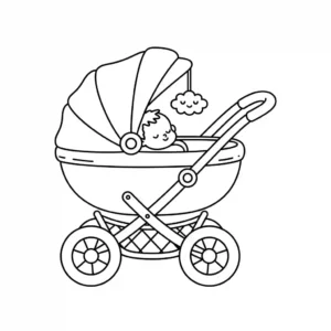 Black and line drawing suitable for a coloring book. Features a simple, classic baby stroller or pram with thick outlines and pure internal spaces.