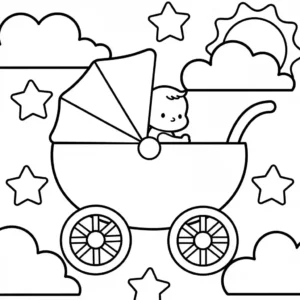 Black and line art image of a modern, simple, lightweight baby stroller (buggy) designed as a printable coloring page for children.