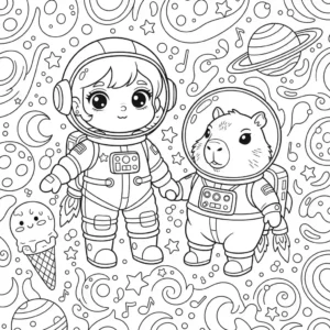 Black and line art coloring page depicting an astronaut girl floating happily in space with a friendly capybara wearing a space helmet.