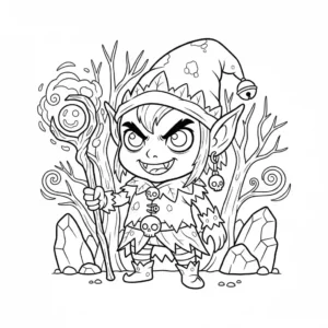 High-contrast black and line art illustration of a monstrous, scary elf character with tattered clothing, designed specifically as a detailed, non-shaded coloring page for adults or teens.