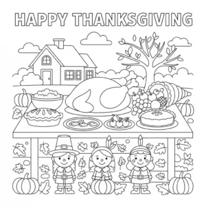 Black and line art vector illustration of a detailed Thanksgiving dinner table with a turkey, cornucopia, and harvest gourds, designed for coloring.