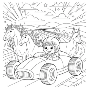 Black and coloring page outline featuring a small toddler driving a race car, accompanied by two horses and two Doberman dogs with natural floppy ears.