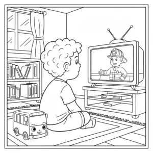 Black and line art coloring page featuring a 3-year-old boy with curly hair watching Fireman Sam on television, with his toy Tayo the Little Bus resting next to him.