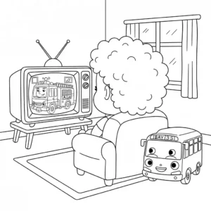 Black and coloring page showing a 3-year-old curly-haired boy watching a Fireman Sam cartoon on TV, with a toy Tayo the Little Bus nearby. Features thick, high-contrast line art suitable for easy coloring.