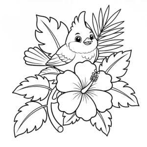 Outline drawing of a bulbul bird sitting on a large tropical flower.