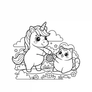 Black and line art coloring page illustration showing a simple scene of a unicorn gently playing with a kitten, featuring thick outlines suitable for children's coloring books.