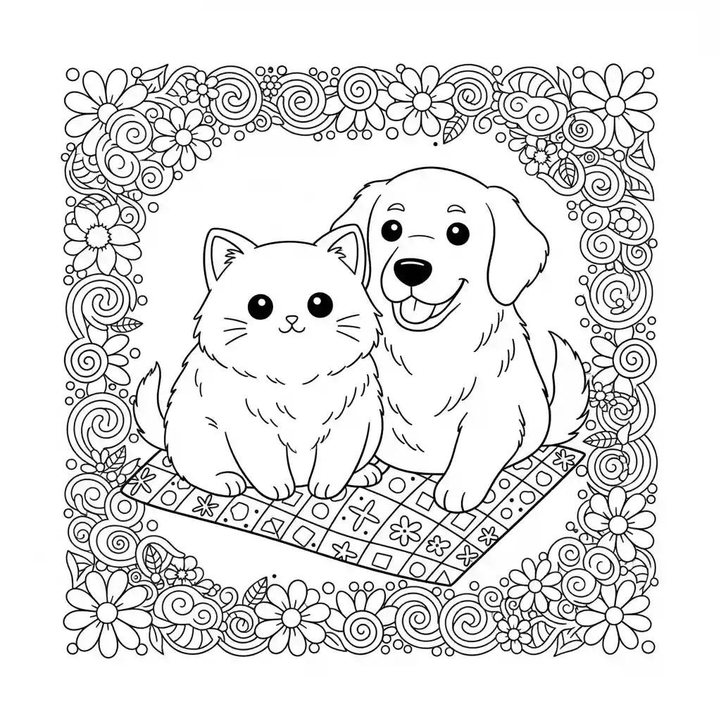 Cat and Dog Friends Coloring Page – Detailed Line Art Lulu Pages