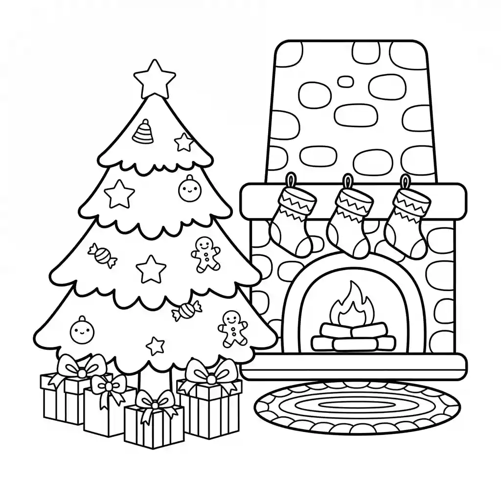 Cozy Christmas Tree and Fireplace Coloring Page Lulu Pages