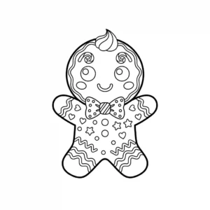 Simple black and line art coloring page of a blank gingerbread man with decorative icing piping outlines.
