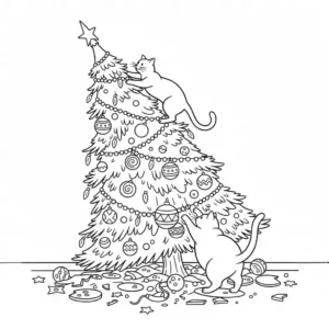 High contrast black and coloring page line art illustration of two playful cats actively knocking over a Christmas tree, scattering ornaments.